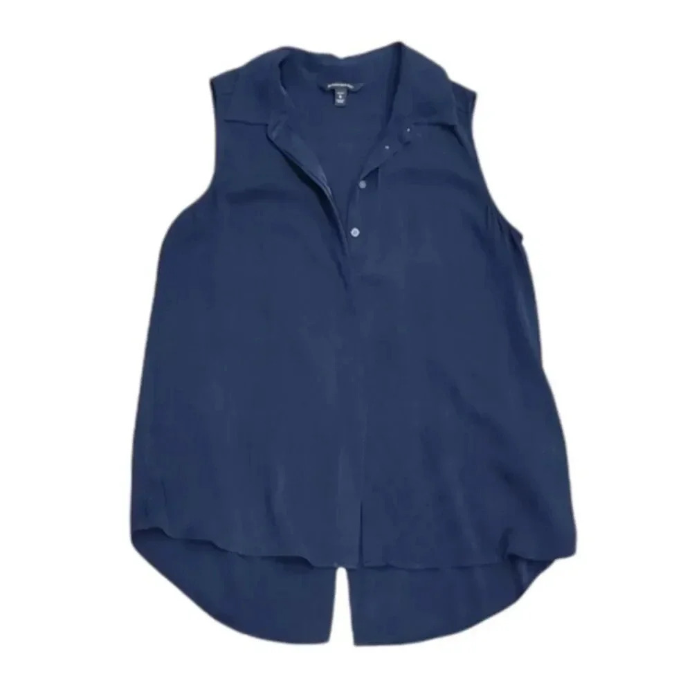 Banana Republic Navy Silk Sleeveless Slit Back Button Down Blouse SP